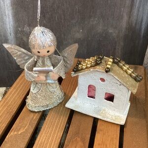 Vintage 50s Silver Cardboard Angel & Paper Light Cover House Holiday Decor Set